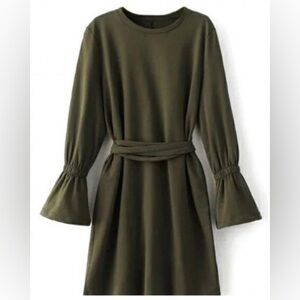 Zara Trafaluc olive green mini dress with tie wrap waist and bell sleeves